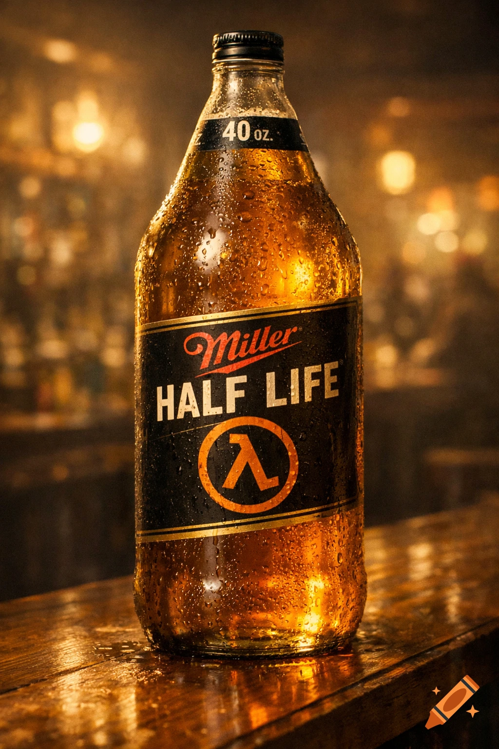 A cold, photorealistic Miller Half-Life 40 oz beer bottle covered in condensation, on a wooden bar with a blurry background.