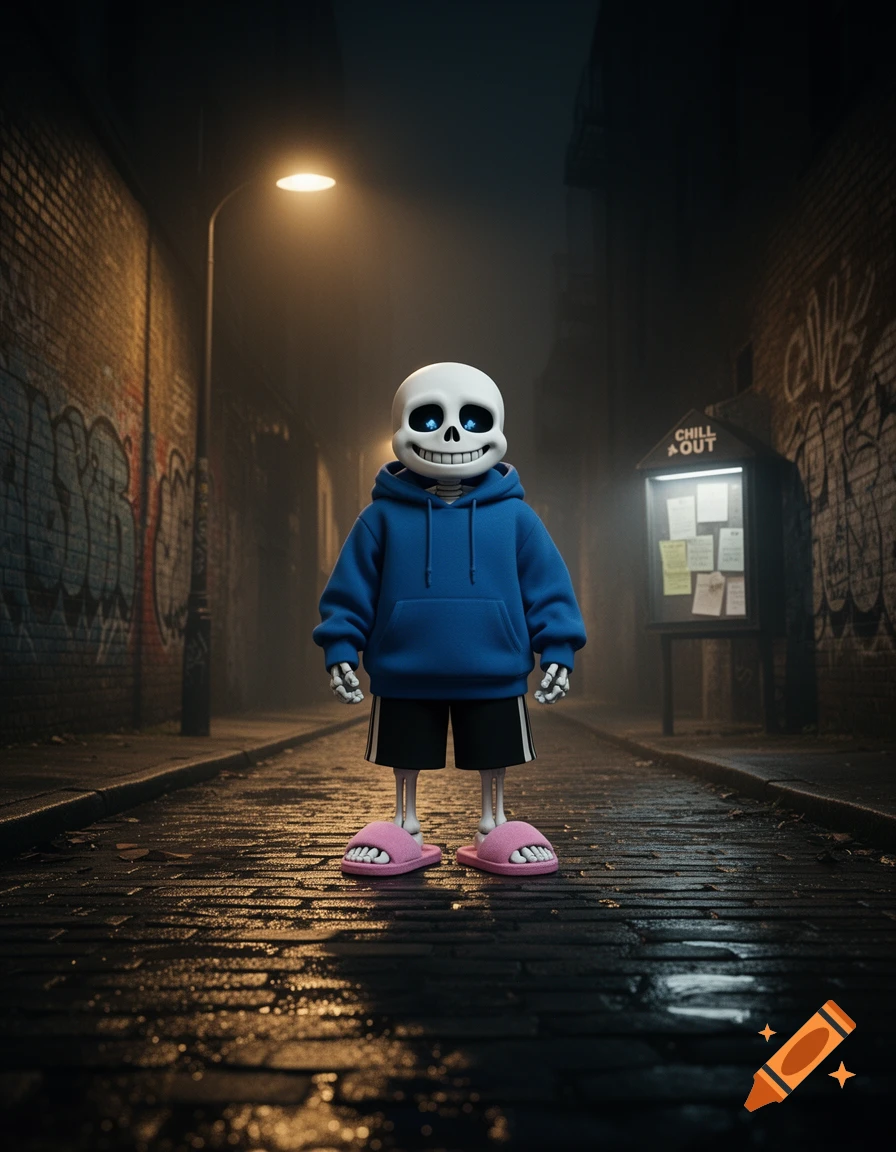A 3D render of Sans, a skeleton in a blue hoodie, black shorts, and pink slippers, standing in a dark, wet alley under a streetlamp.