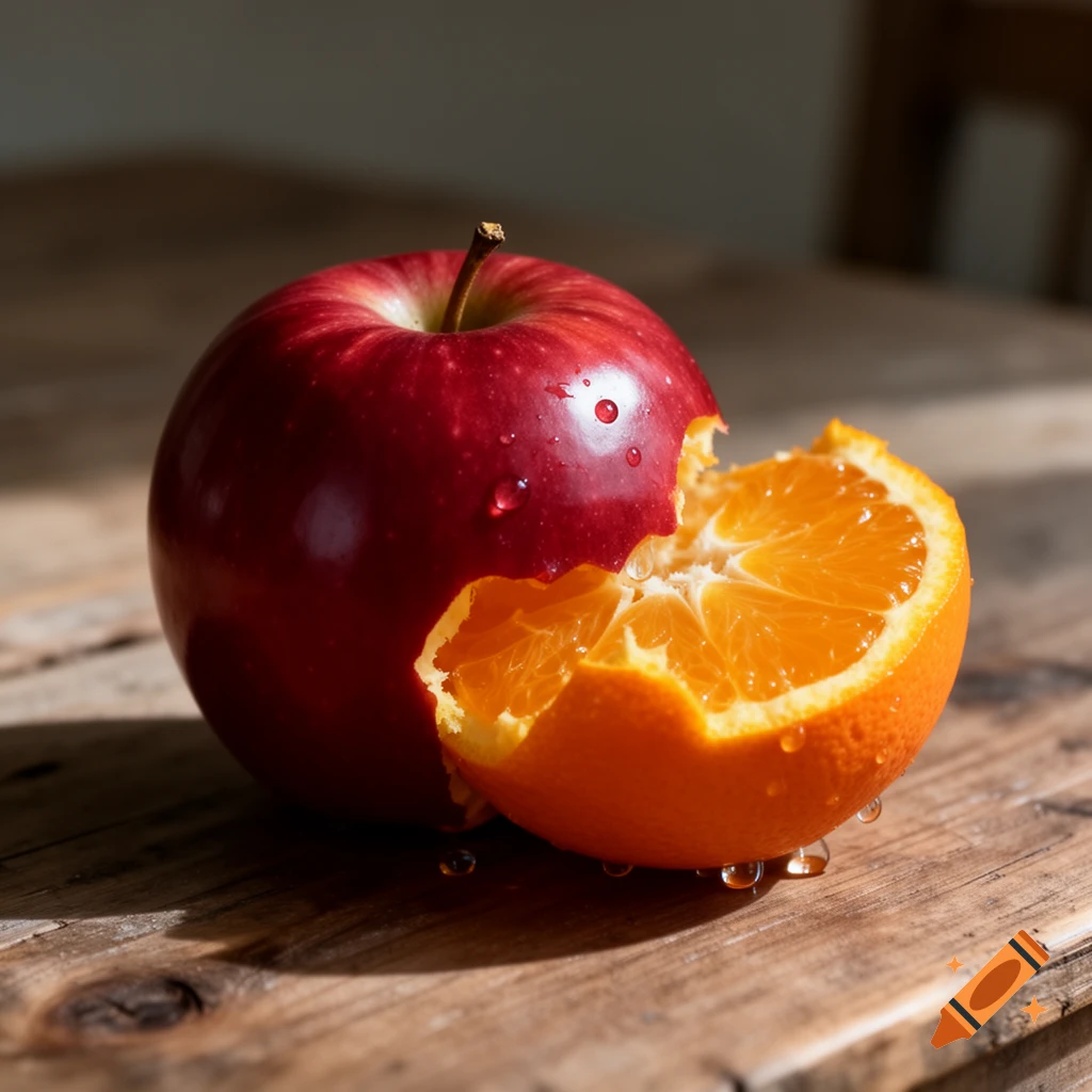A red apple on a wooden table has a large bite taken out, revealing an orange inside, with water droplets on both fruits.