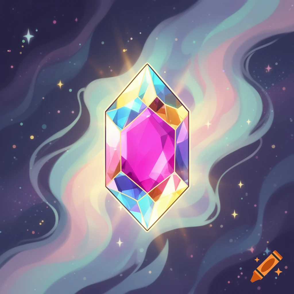A vibrant, hexagon-shaped gemstone with a pink center and blue, yellow, and clear facets, surrounded by a swirling pastel nebula and stars.