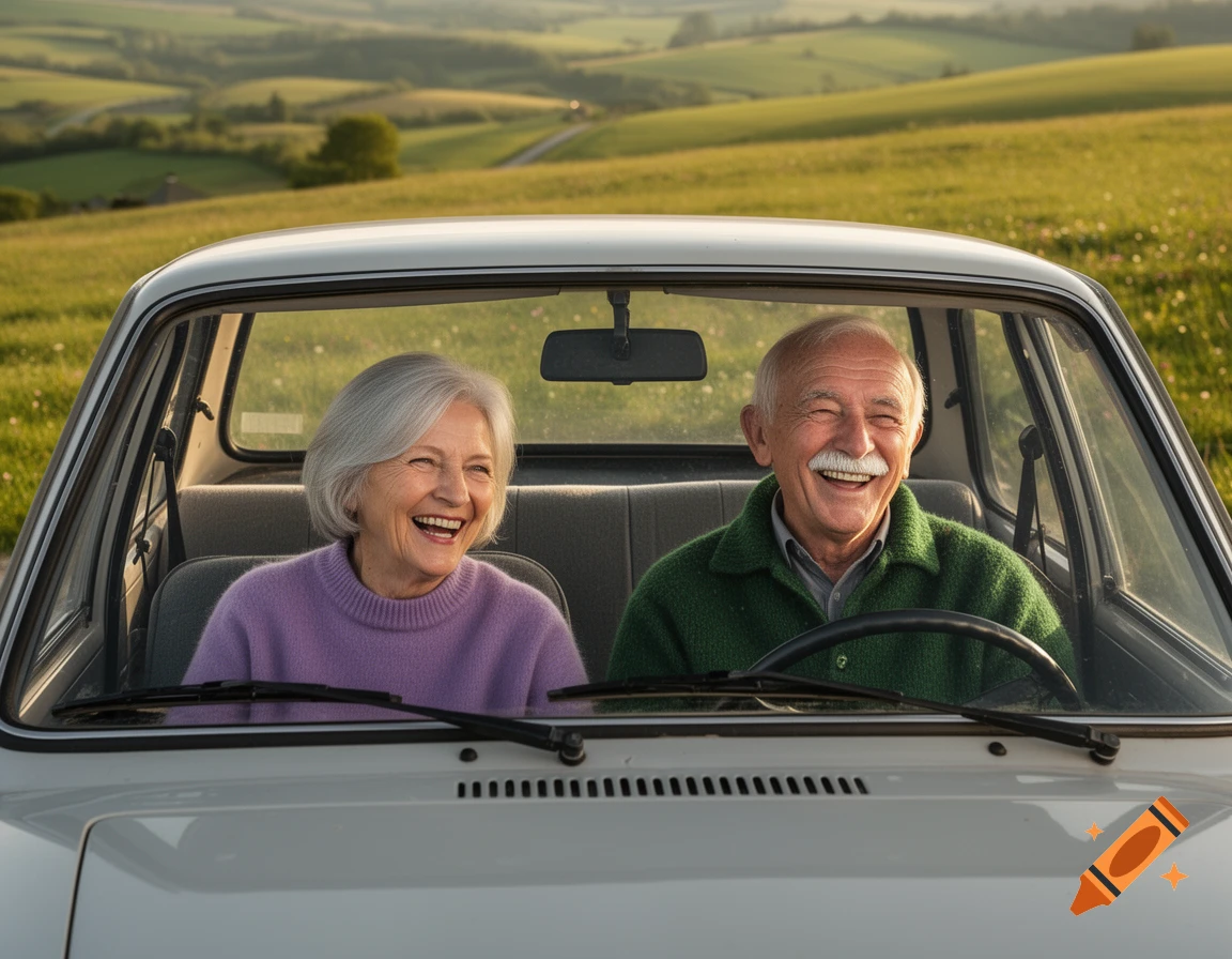 A happy elderly couple smiles from inside a car, with rolling green hills of the countryside in the background.