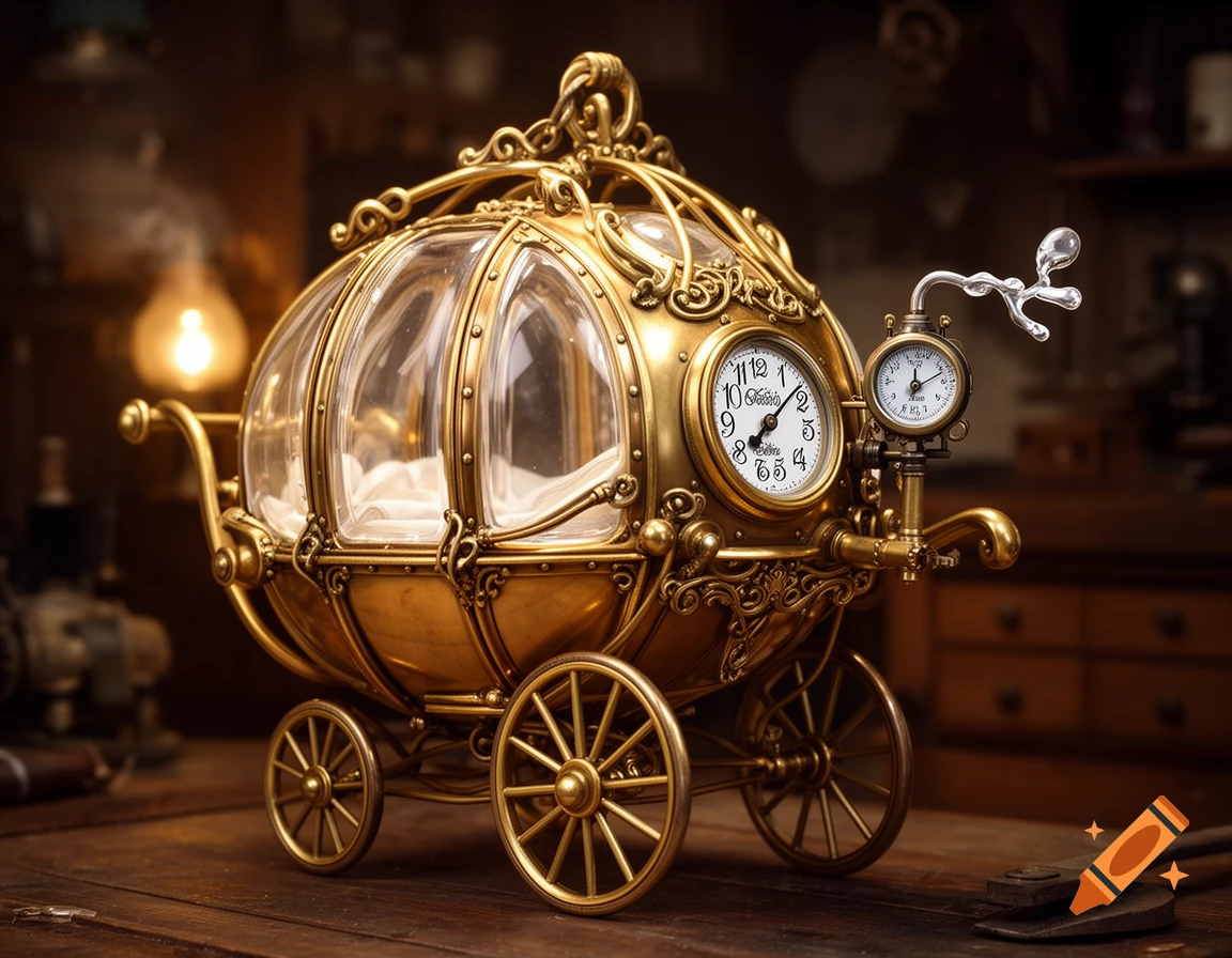 A detailed steampunk-style golden incubator carriage with glass panels, brass dials, and intricate ornamentation on a wooden table.