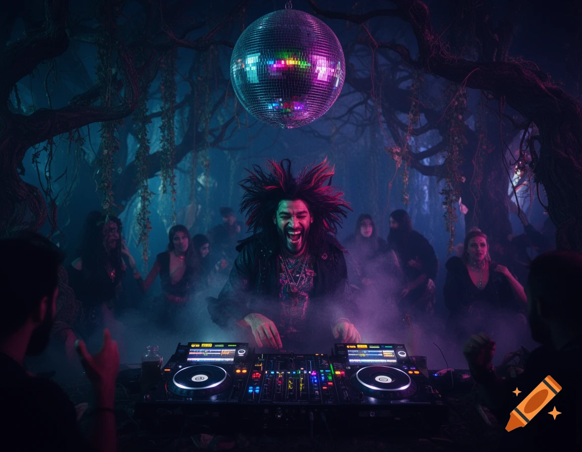 A wild-haired DJ with an ecstatic expression plays music on a mixer in a smoke-filled, dark, mystical forest rave under a disco ball, surrounded by people.
