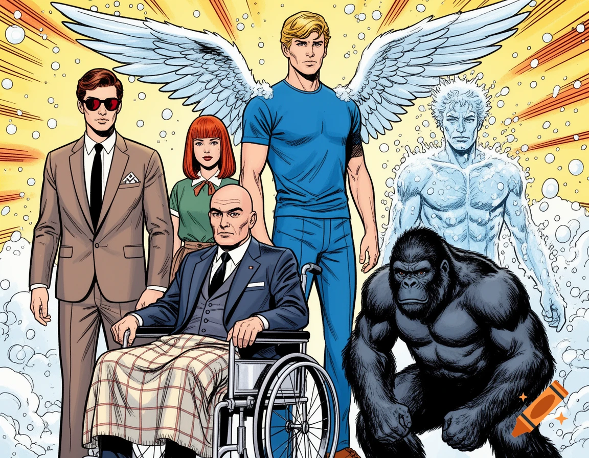 Winged Man Color Silver Age comic-book illustration of six characters, including a man ...