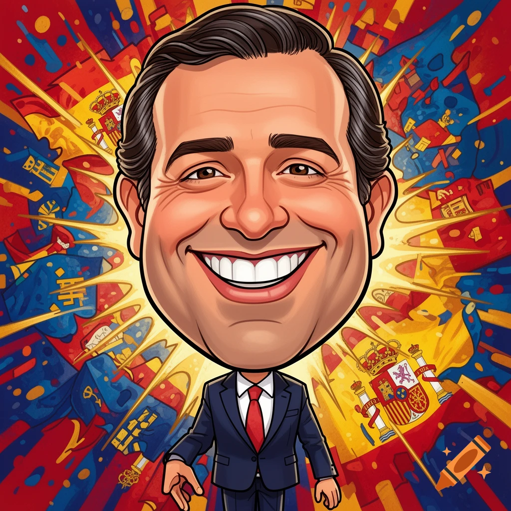 A vibrant cartoon caricature of a smiling man in a suit with a large head and exaggerated smile, against a background of stylized Spanish flags.