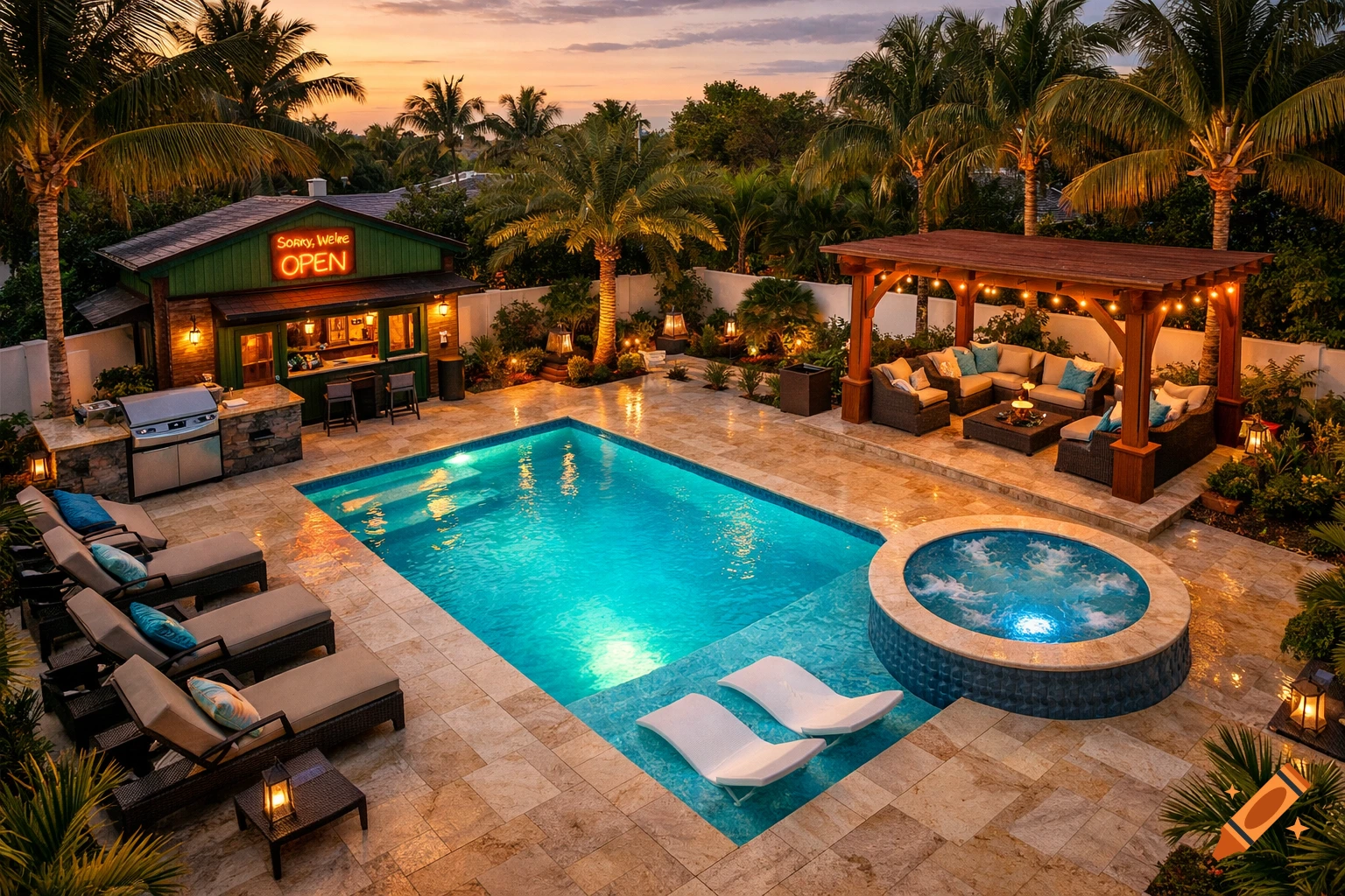 Aerial view of a luxury Miami backyard at sunset, featuring a turquoise pool, hot tub, outdoor kitchen, pergola, and a pub building with an "OPEN" sign.