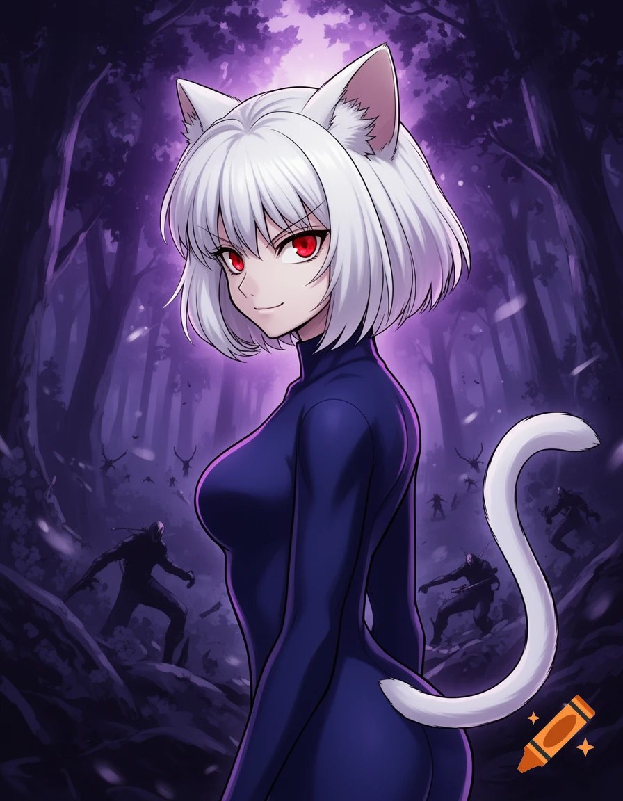 White-haired anime cat girl with red eyes in a dark blue suit, smiling in a purple forest with shadowy figures.