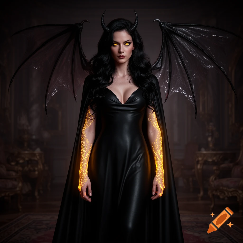 A dark fantasy image of a woman with black horns, bat wings, and yellow eyes wearing a black leather dress, her arms glowing orange, standing in an opulent room.