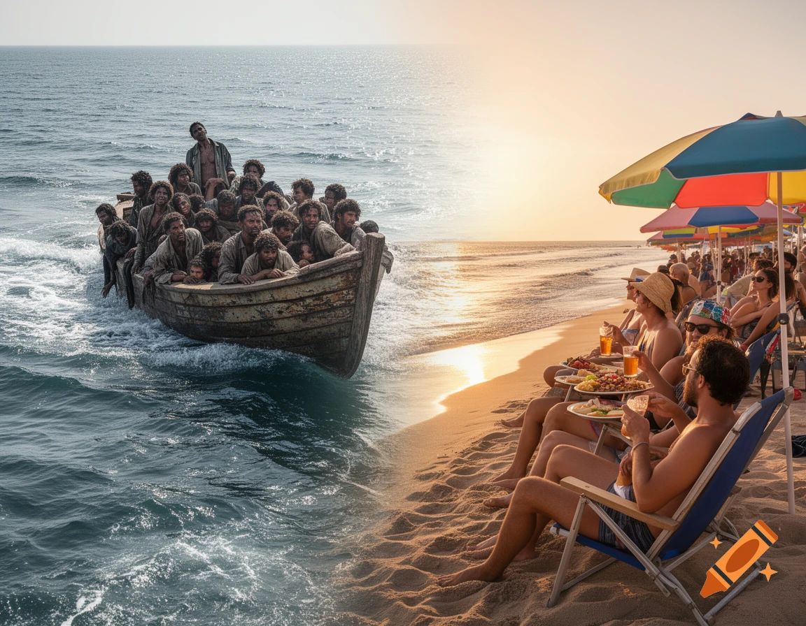 Split image showing an overcrowded refugee boat on choppy seas next to vacationers relaxing on a sunny beach.