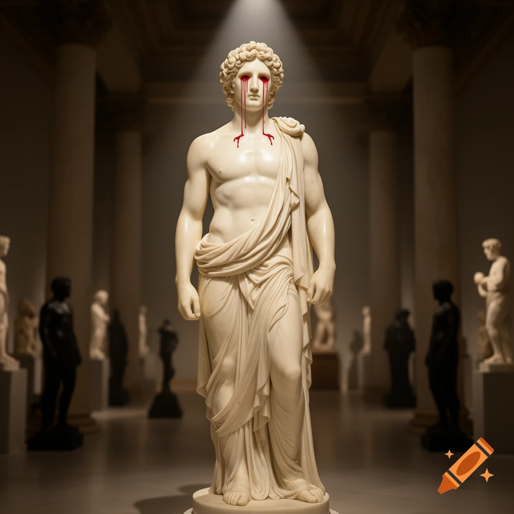 A classical male marble statue with red liquid dripping from its eyes, standing prominently in a dimly lit museum.