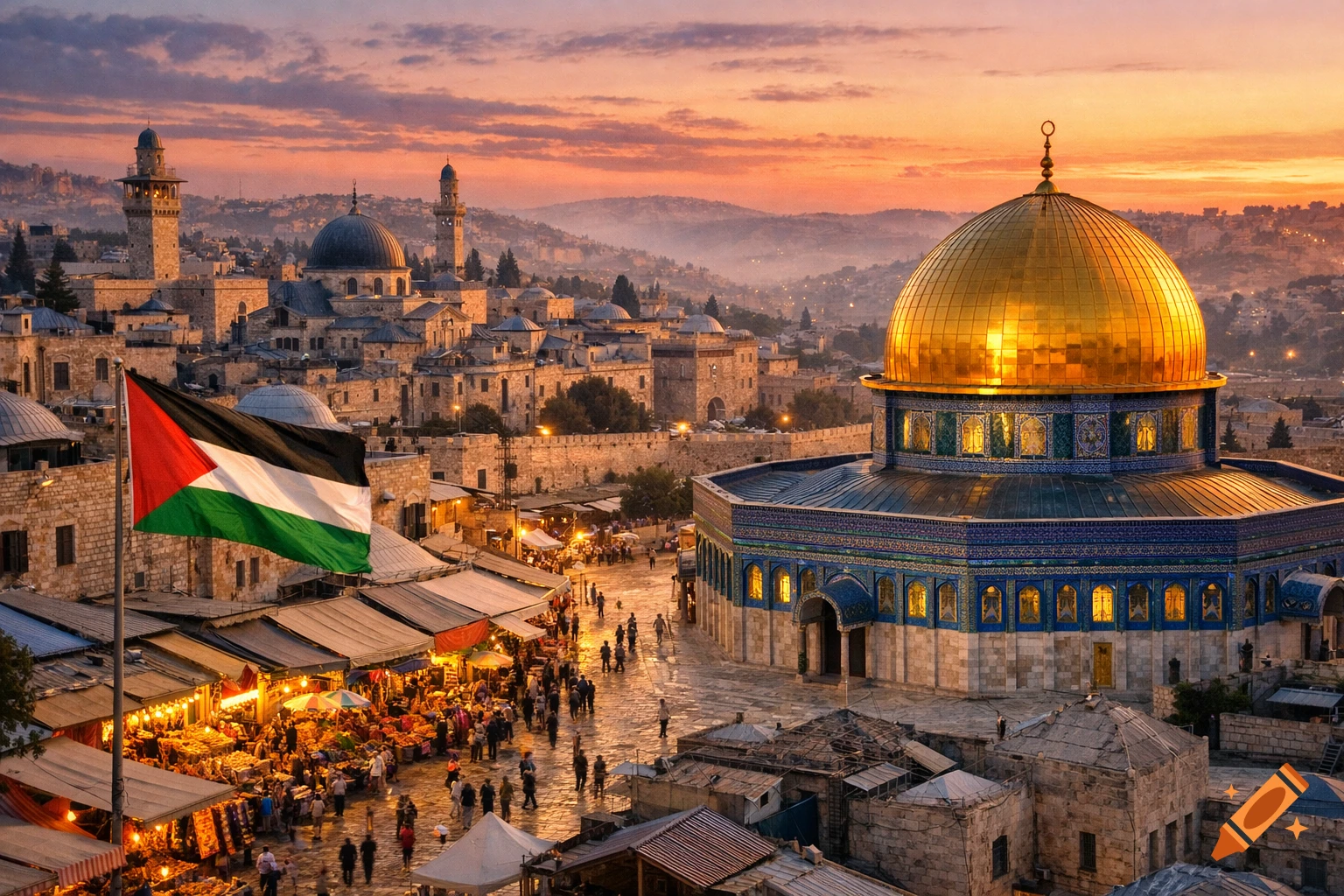 A photorealistic cityscape at sunset, featuring the golden Dome of the Rock, a waving Palestinian flag, and a bustling market street.