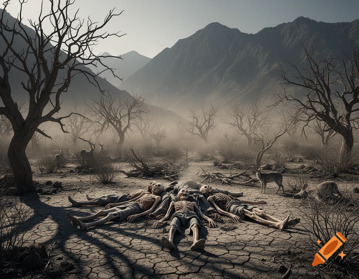 Skeletal remains of humans and animals lie on cracked earth in a desolate, foggy mountain landscape with barren trees.