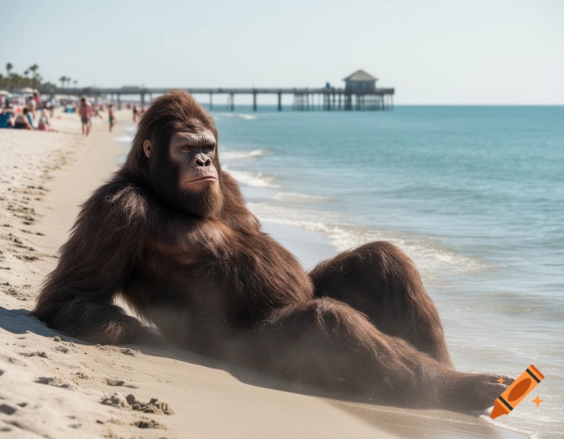Photorealistic hairy Bigfoot creature lounges on a sunny beach by the ocean, with a pier in the distance.