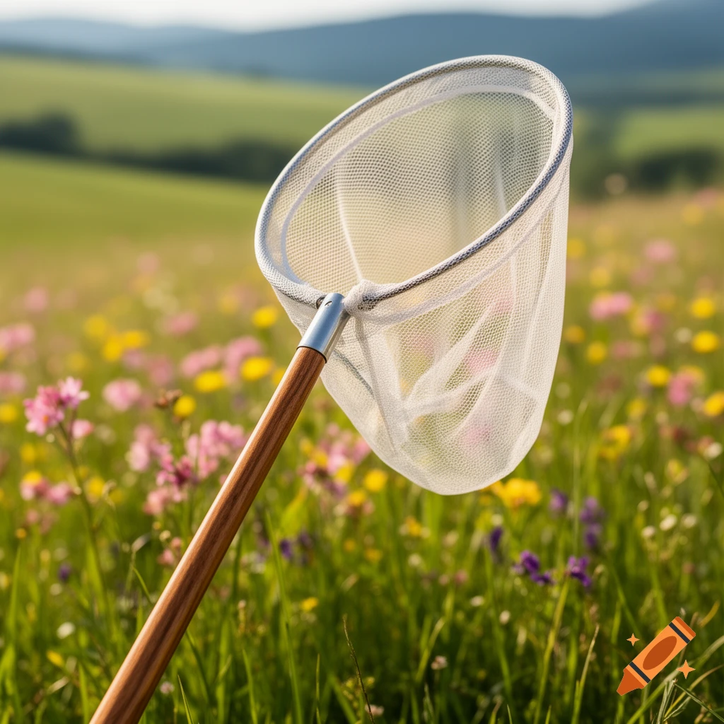 A butterfly net with a wooden handle in a vibrant photorealistic meadow filled with pink, yellow, and purple wildflowers.