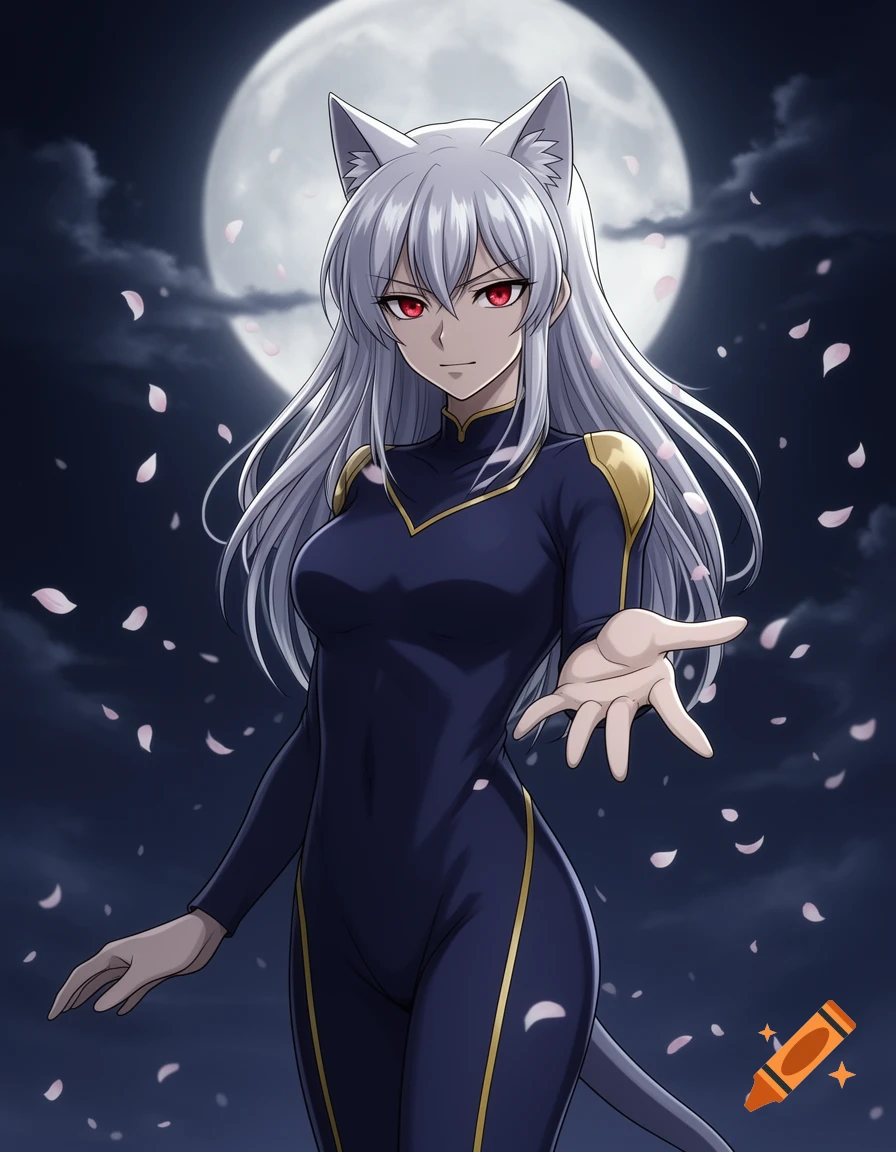 An anime catgirl with silver hair, red eyes, and a dark blue bodysuit extends a hand forward under a full moon with falling pink petals.