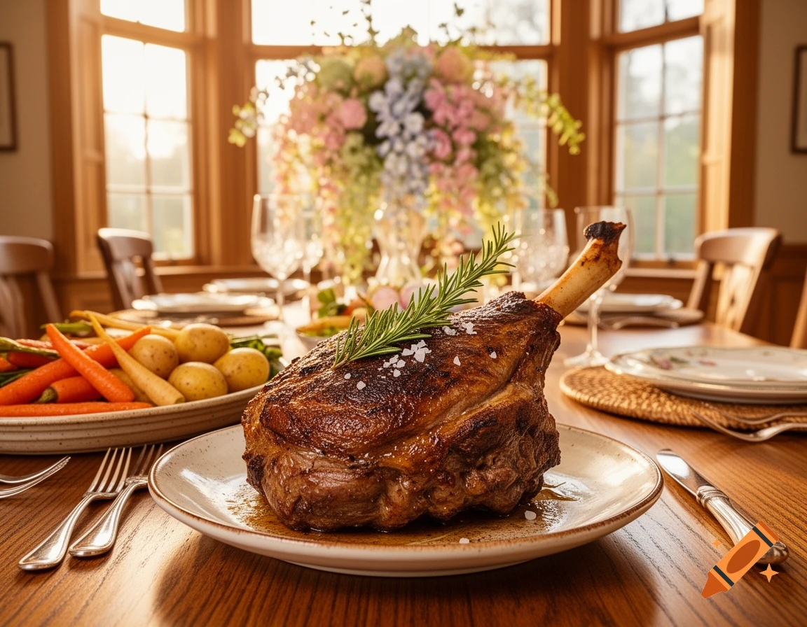 Roasted lamb leg garnished with rosemary and salt flakes on a dinner table set with vegetables and flowers, bathed in warm sunlight.