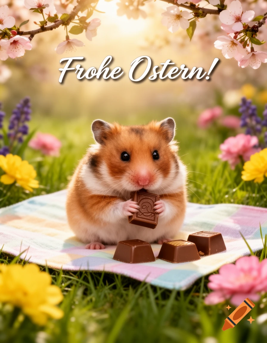 A cute hamster on a picnic blanket eats chocolate in a sunny spring garden with 'Frohe Ostern!' text and cherry blossoms.