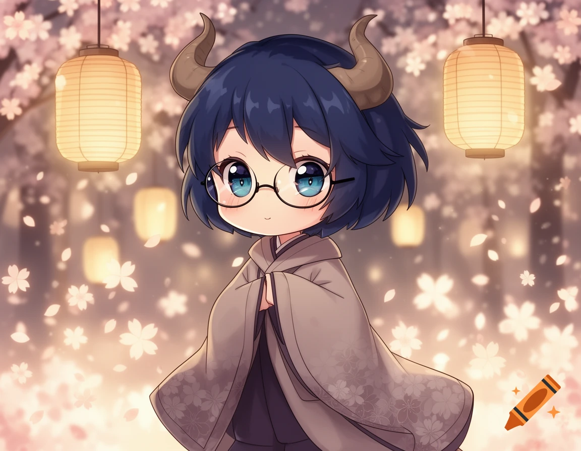A chibi anime girl with blue hair, horns, and glasses wears a grey cloak, standing amidst falling cherry blossoms and glowing lanterns.