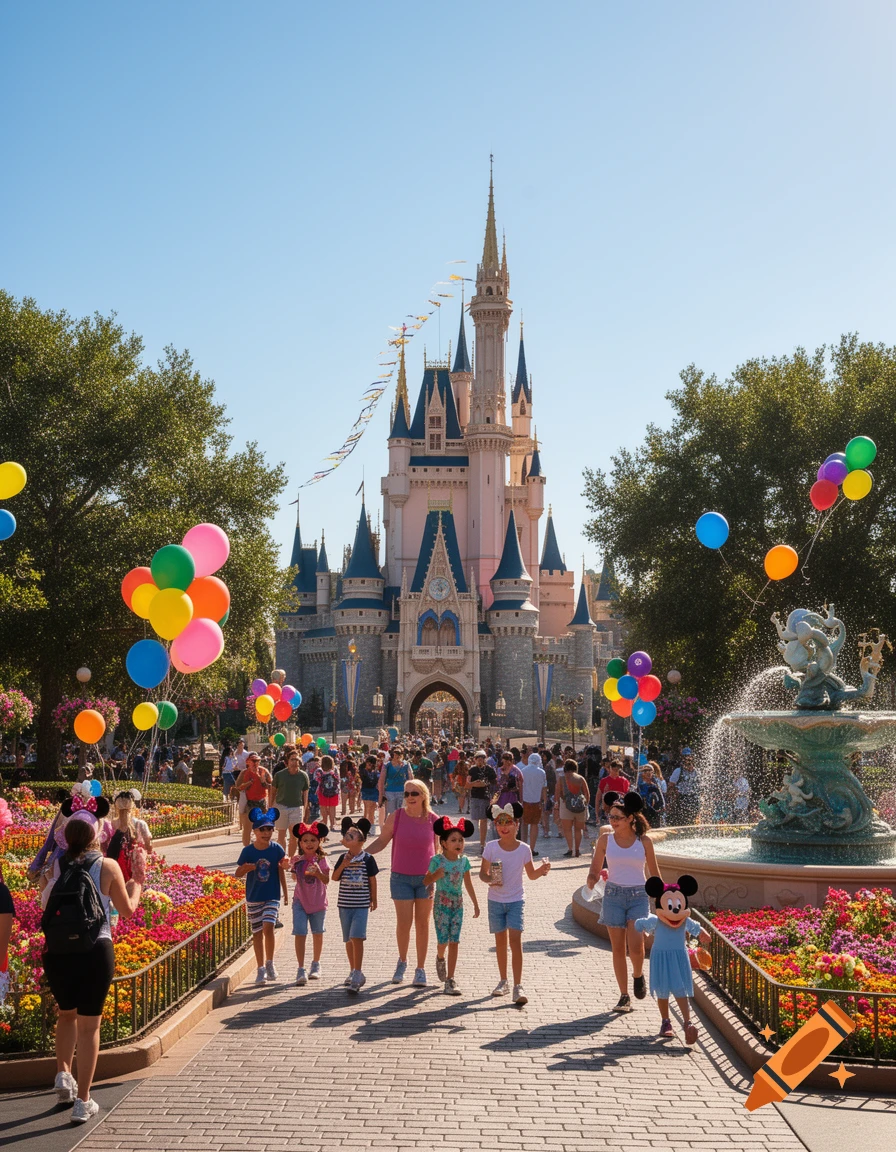 A crowded pathway leads to a Cinderella-like castle at a sunny Disney theme park. Families walk with balloons and Mickey ears among colorful flower beds and a fountain.