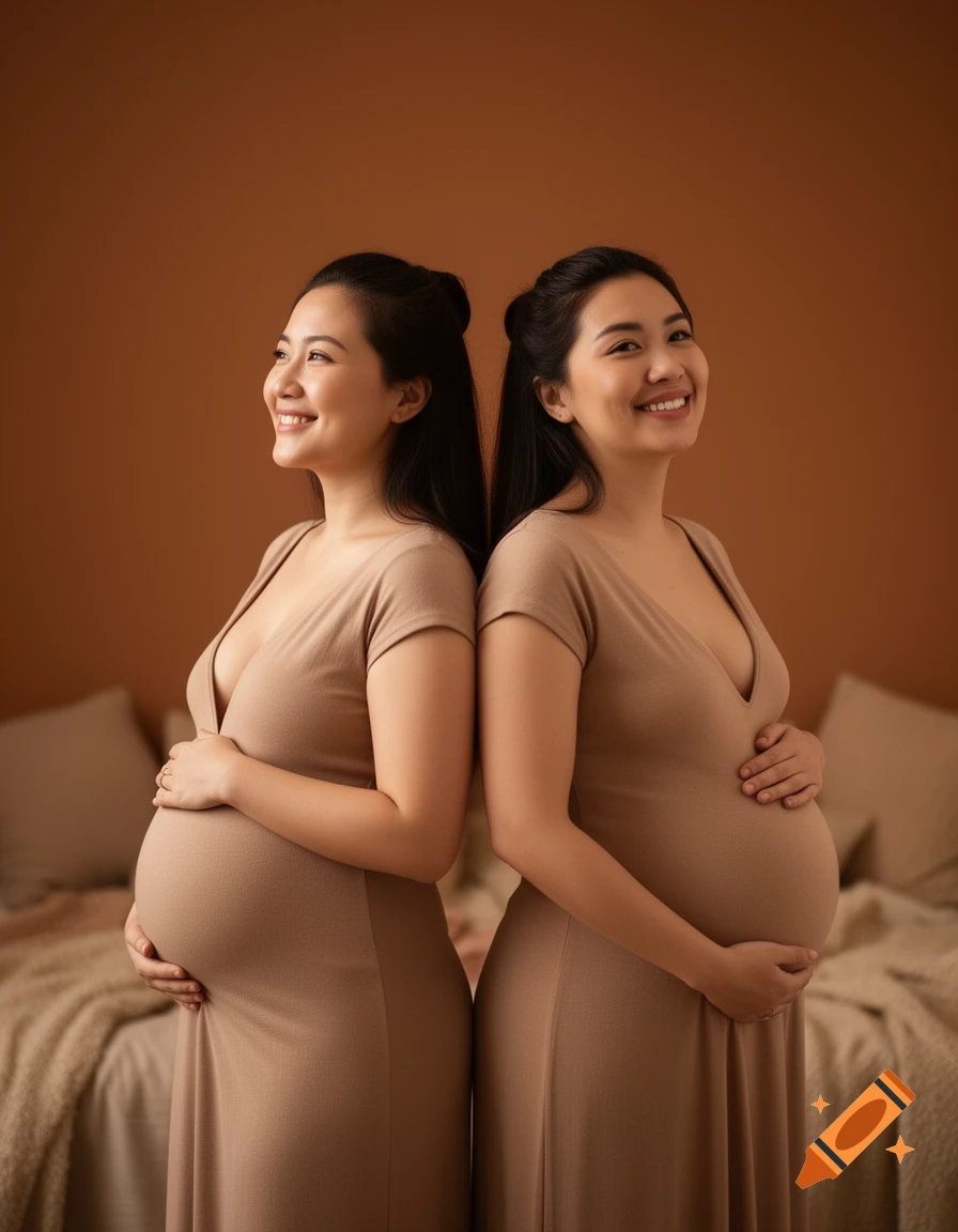 Two smiling pregnant women in beige dresses stand back-to-back, holding their baby bumps in a warm, indoor setting.