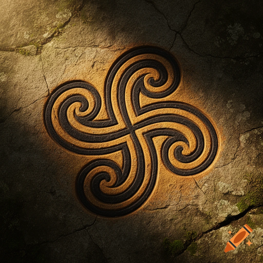 A photorealistic depiction of a lauburu symbol carved into weathered, mossy stone, dramatically lit from the upper left.