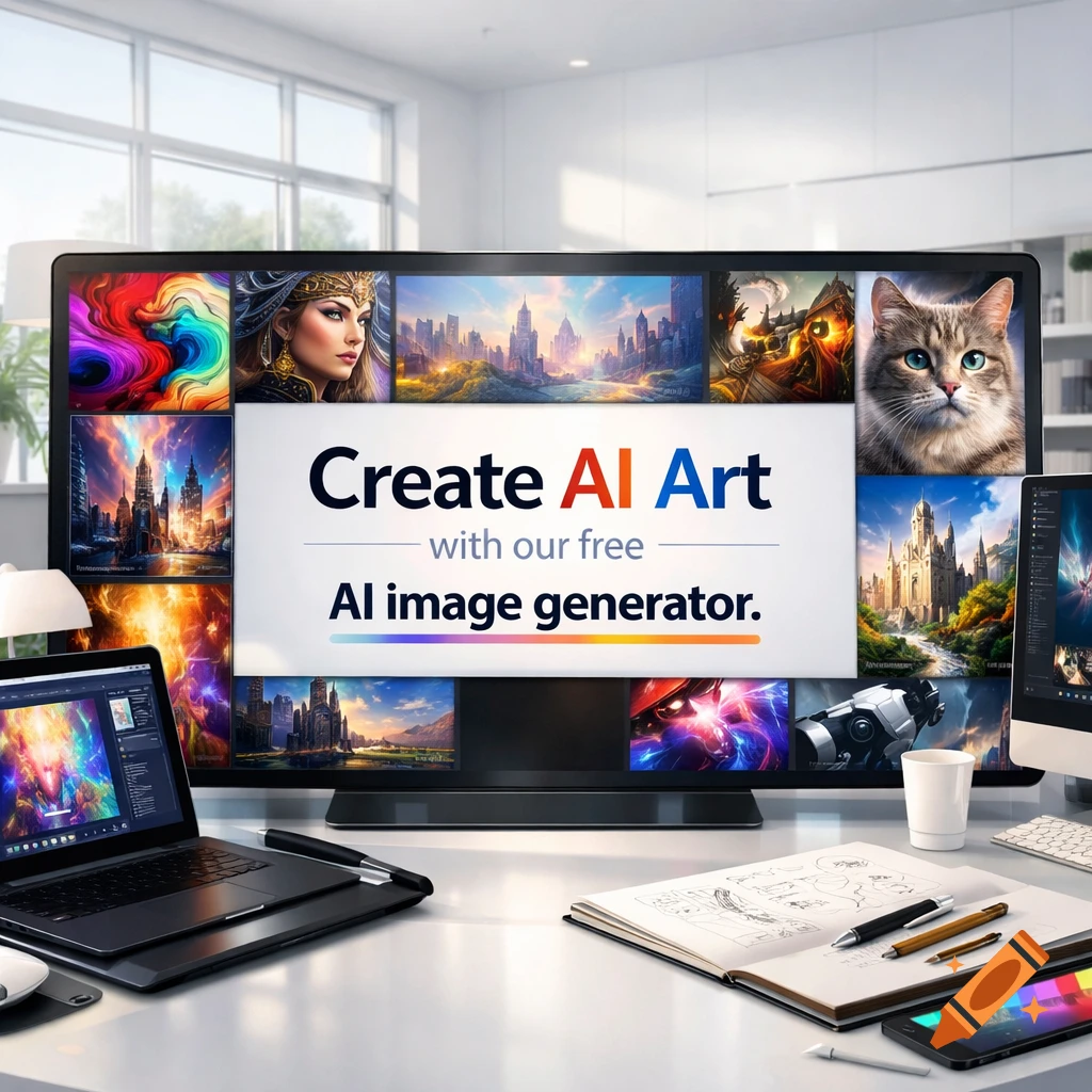 A desk with a monitor displaying 'Create AI Art' and diverse AI-generated images like cityscapes, a cat, and abstract art.