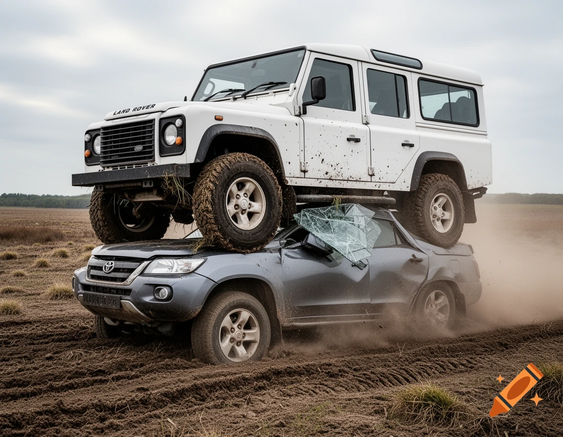 A white Land Rover Defender 130 TD5 is positioned atop a crushed grey Toyota KDJ in a muddy field, with dust rising.