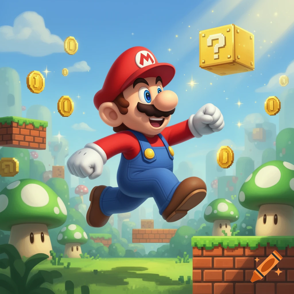 Mario jumps excitedly in a vibrant cartoon landscape with coins, mushrooms, and question blocks.