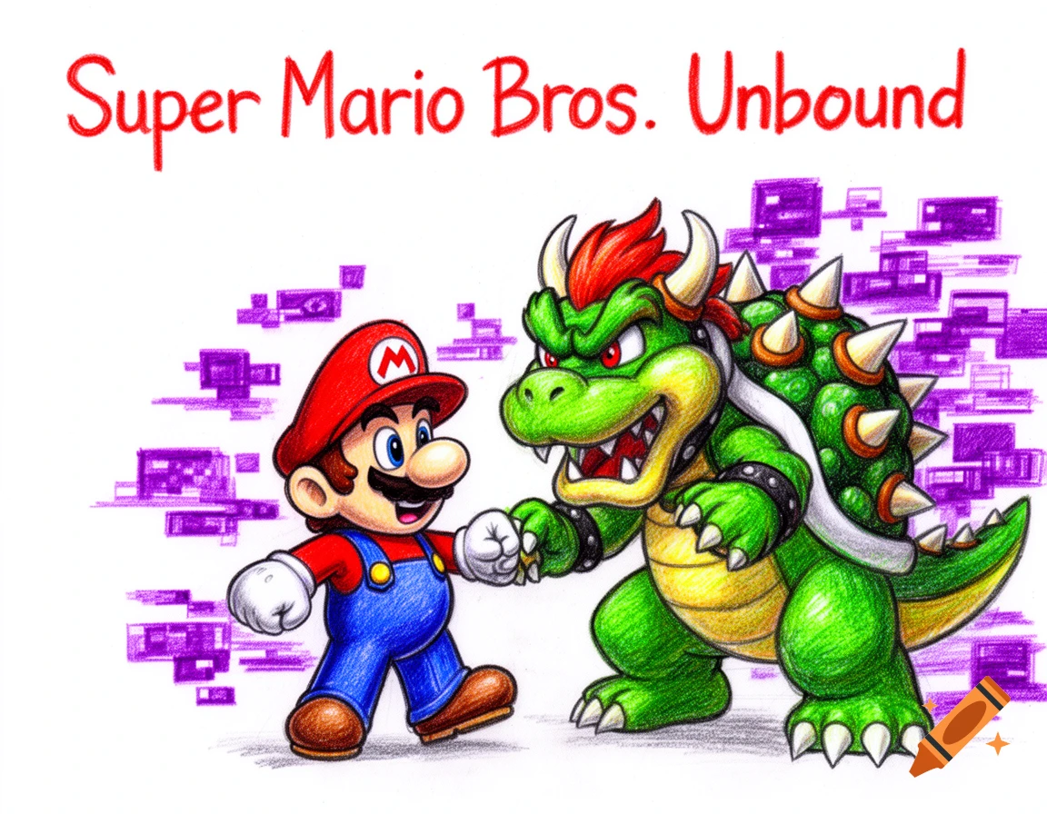 A vibrant crayon illustration depicts Super Mario and Bowser surrounded by purple glitch artifacts, with the title 'Super Mario Bros. Unbound' above.