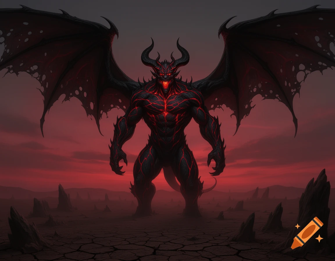 A powerful, black demon with large wings and glowing red cracks on its body stands in a desolate, cracked land under a fiery red sky.