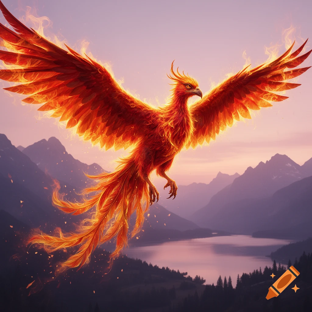 A majestic fiery red and orange phoenix with widespread wings soars above a serene mountain lake and forest at sunset.