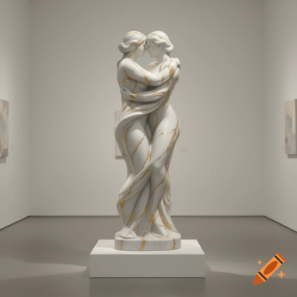 A white marble abstract sculpture of two figures embracing, with gold veins, displayed on a white pedestal in a modern art gallery.