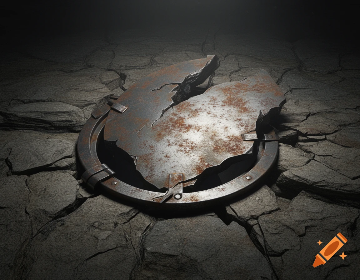 A broken, rusty metal hatch is embedded in cracked, dark grey rock, illuminated by a spotlight from above.