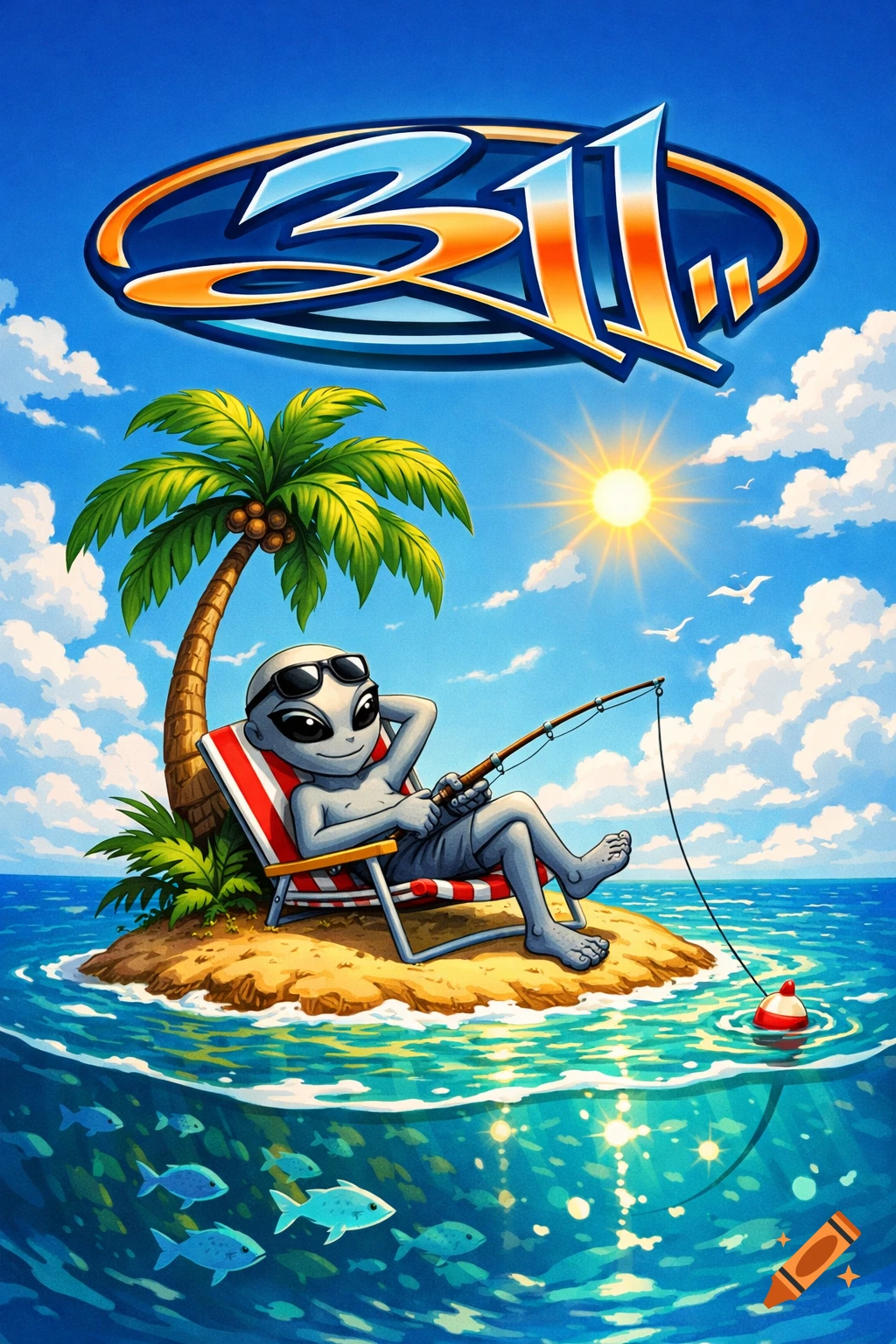 Cartoon of a gray alien in sunglasses sitting on a small tropical island with a palm tree, fishing in the ocean under a clear sky with the 311 logo.