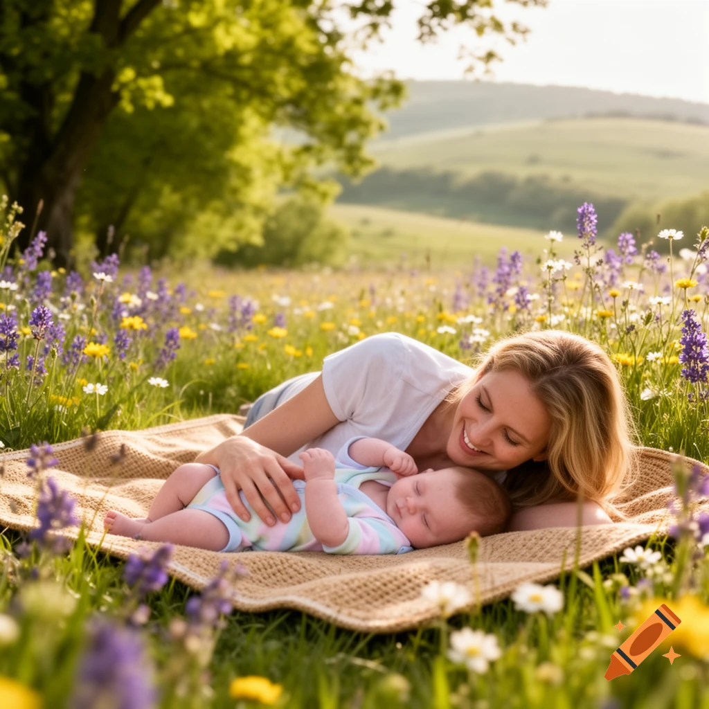 A smiling mother lies on a blanket in a field of wildflowers, looking at her sleeping baby. Photorealistic.