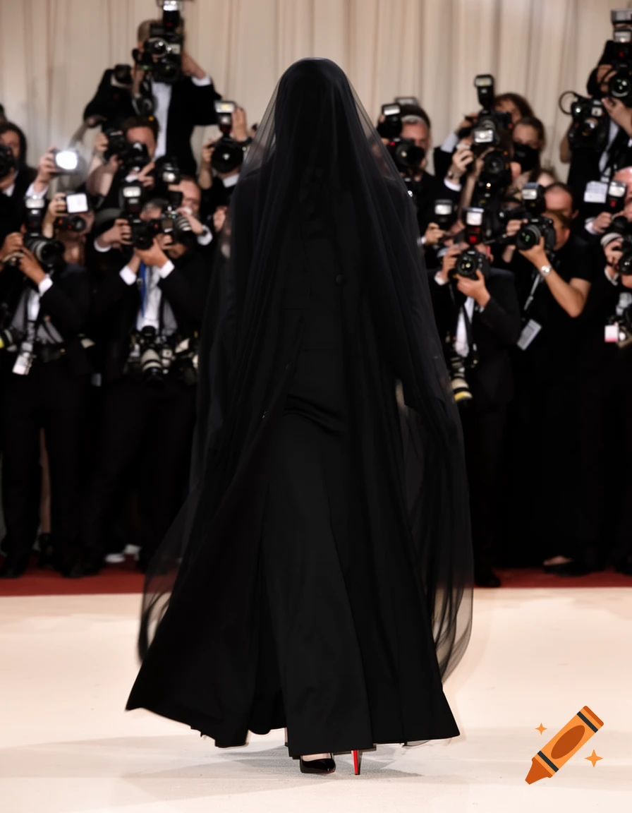 A mysterious figure in a flowing black gown and veil walks on a white carpet, surrounded by paparazzi flashes.