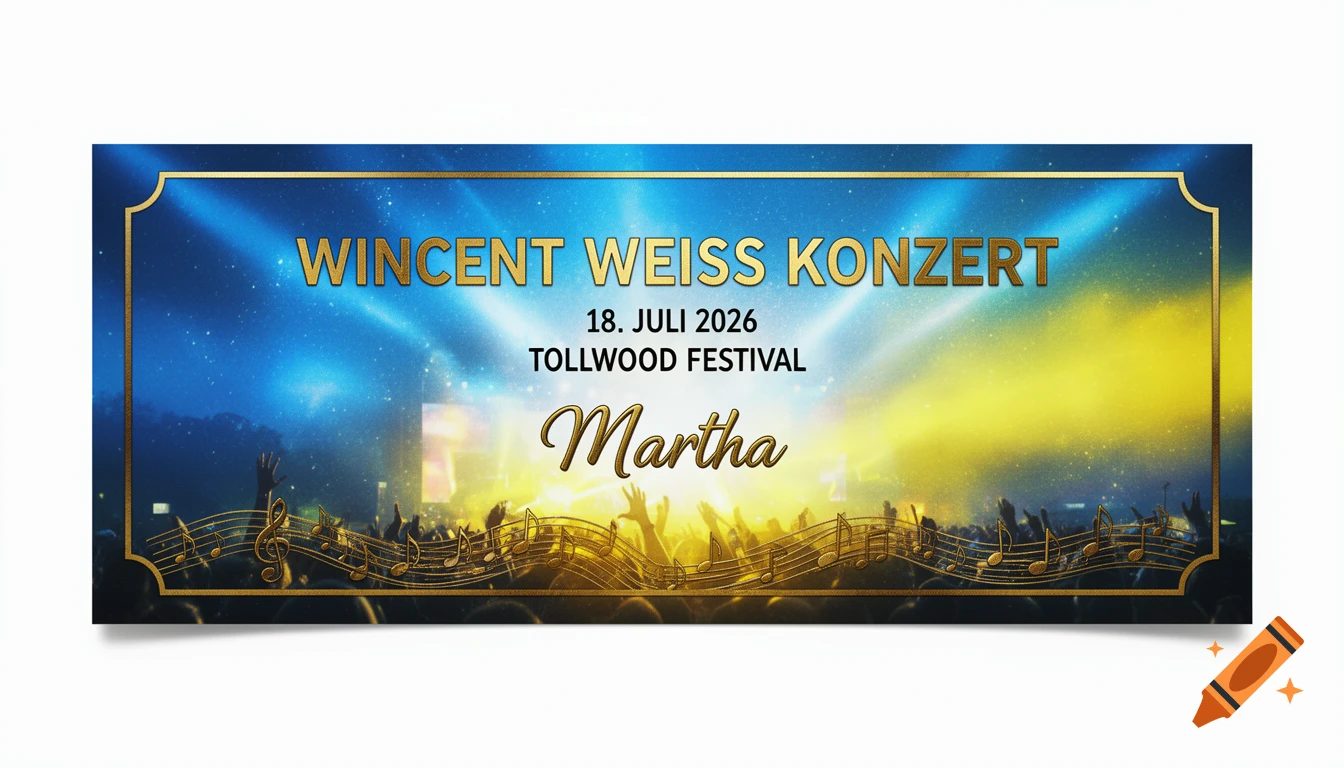 A concert banner with golden text 'Wincent Weiss Konzert', '18. Juli 2026', 'Tollwood Festival', 'Martha' on a blue and yellow background with a crowd.