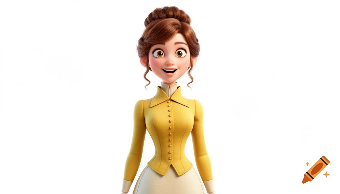 A smiling 3D animated woman with brown hair in an updo, wearing a yellow Victorian-style jacket, isolated on white.