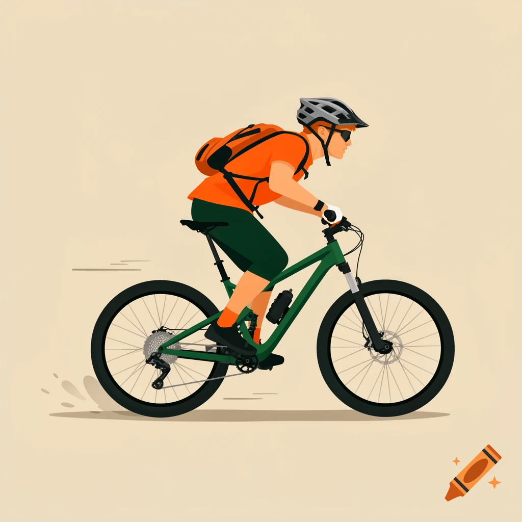 Illustration of a mountain biker wearing a helmet and backpack, riding a green bike against a light background.
