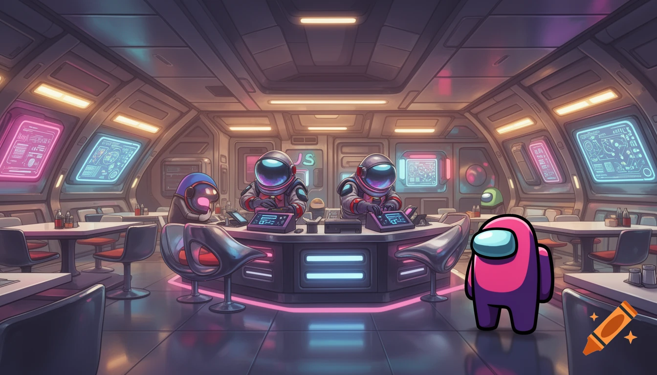 A pink Among Us character stands in a futuristic spaceship cafeteria where two crewmates in astronaut suits work at glowing control panels.