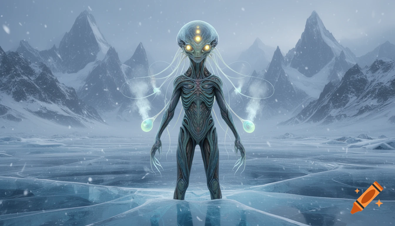 A hyper-detailed, cinematic wide-angle photograph of a unique alien creature with glowing eyes and tendrils, standing on a frozen glacier with snow-capped mountains in the background.