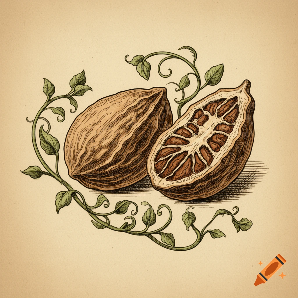 Vintage botanical illustration of a whole nutmeg pod and a half showing seeds, with leafy vines on a beige background.