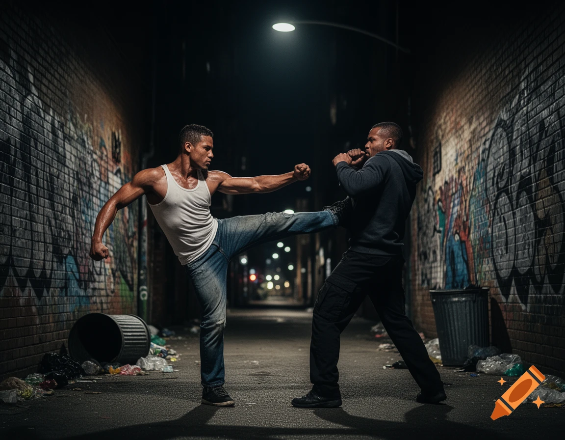 Two muscular men fighting in a dark, graffiti-covered alley. One man kicks the other.