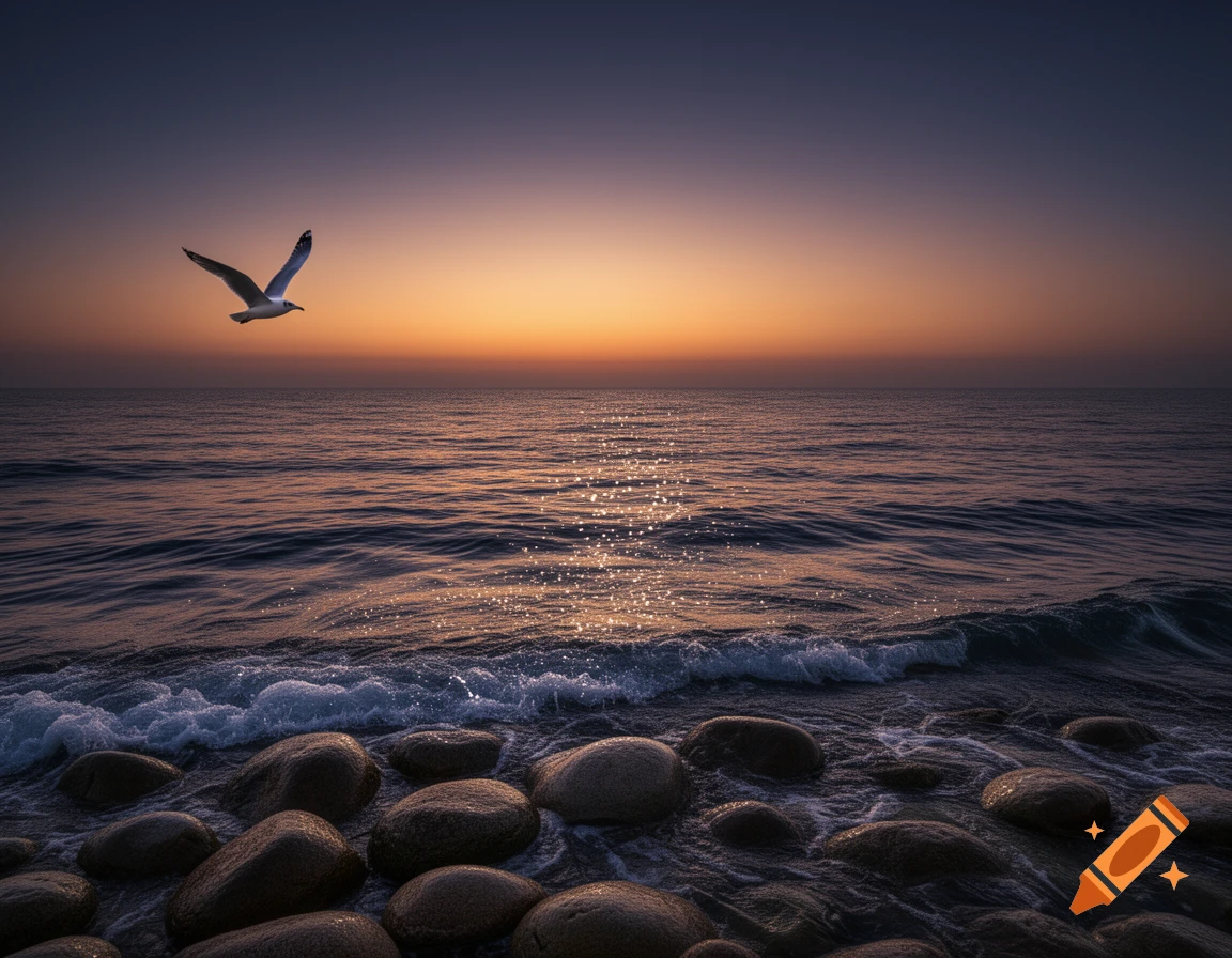 Photorealistic seascape at sunset with a seagull flying over an ocean with waves gently lapping rocky shore.