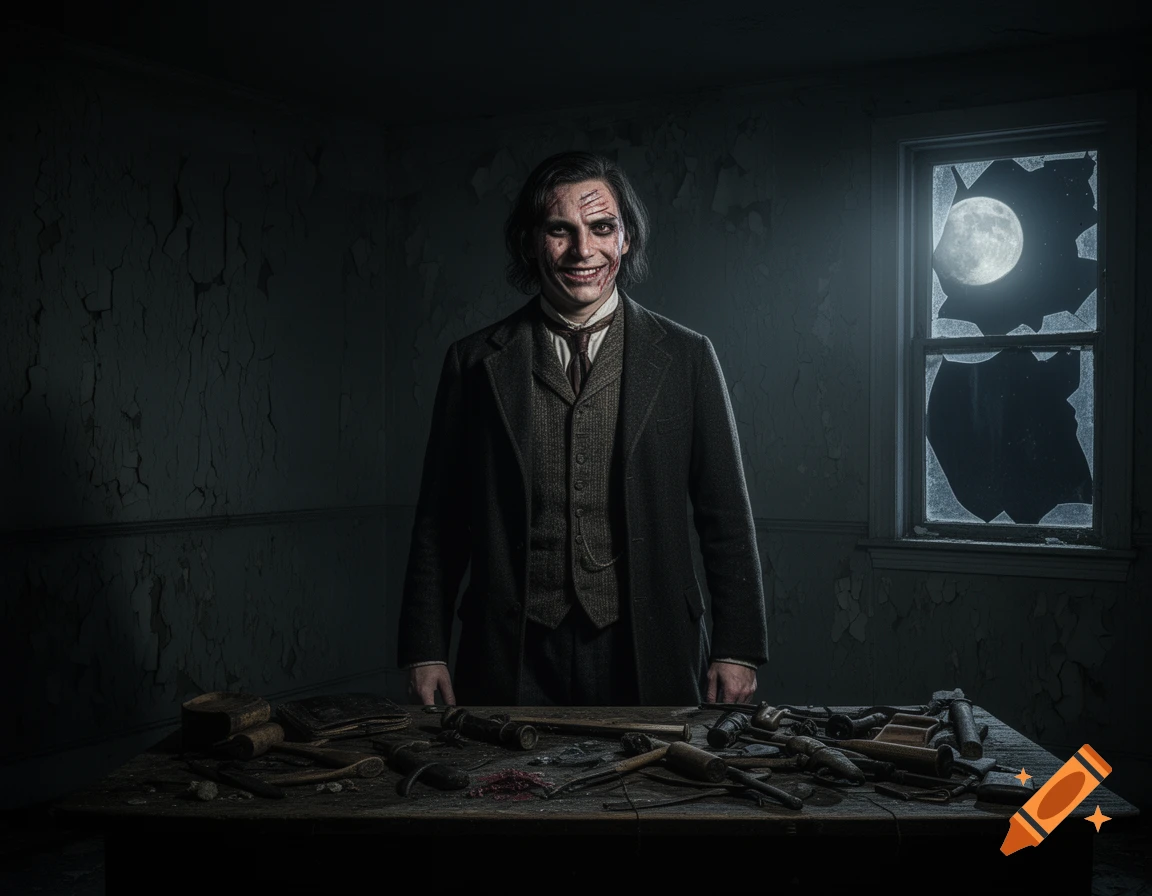 Grim man with scarred smile, dressed in a suit, stands behind a table of tools in a dark, dilapidated room with a full moon outside a broken window.