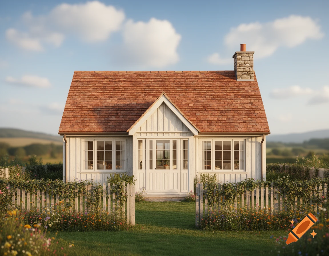 Charming white cottage with a red tile roof and stone chimney, surrounded by a picket fence with wildflowers, under a sunny sky.
