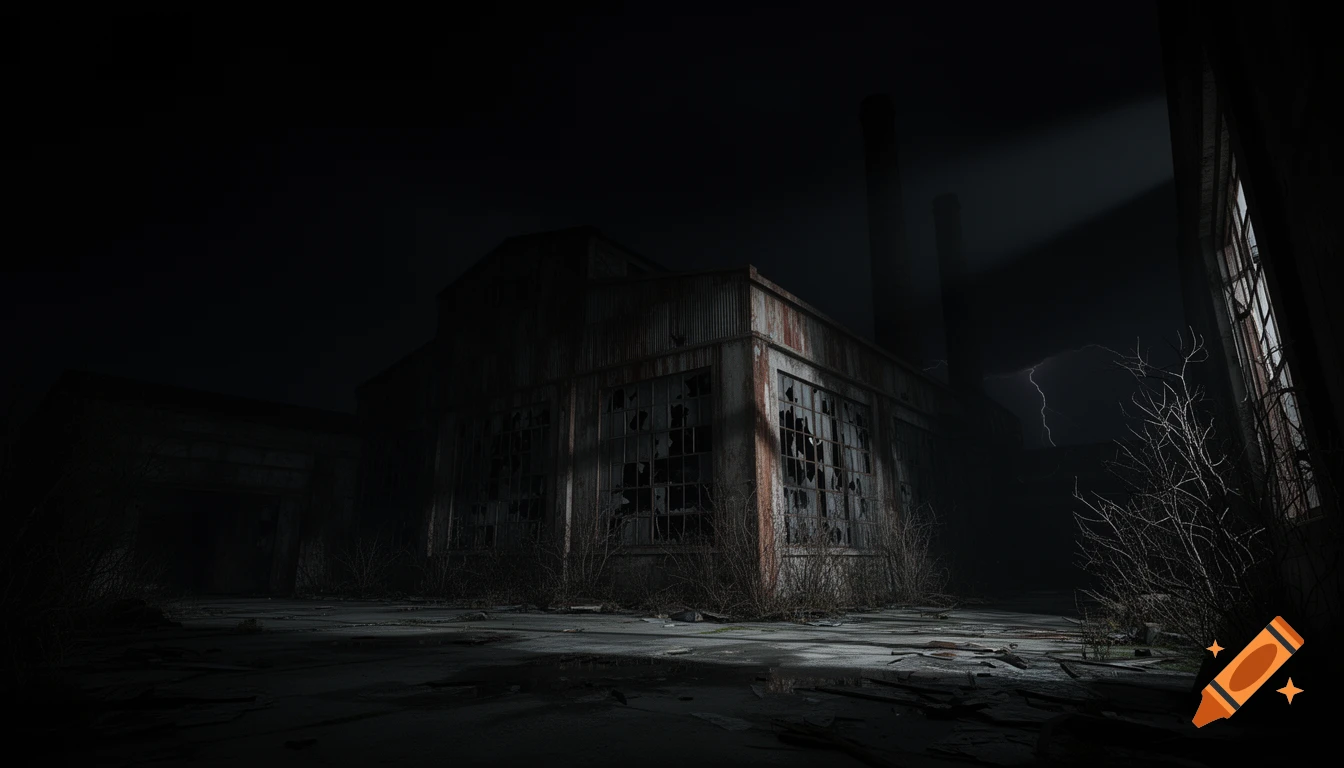 An eerie, dimly lit abandoned factory at night with broken windows and dead bushes, illuminated by a distant lightning strike.
