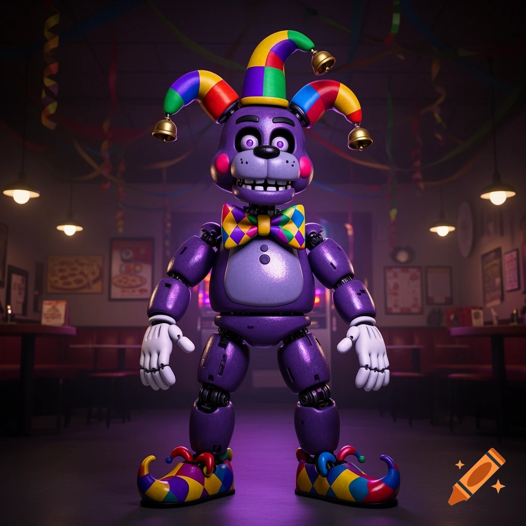 A purple animatronic dog wearing a colorful jester hat, bowtie, and shoes stands in a dimly lit party room.