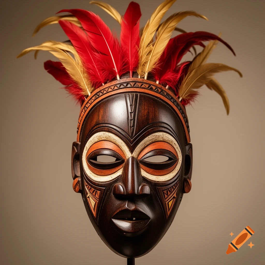 Photorealistic wooden tribal mask with intricate carvings, white and orange patterns, and a headdress of red and gold feathers.