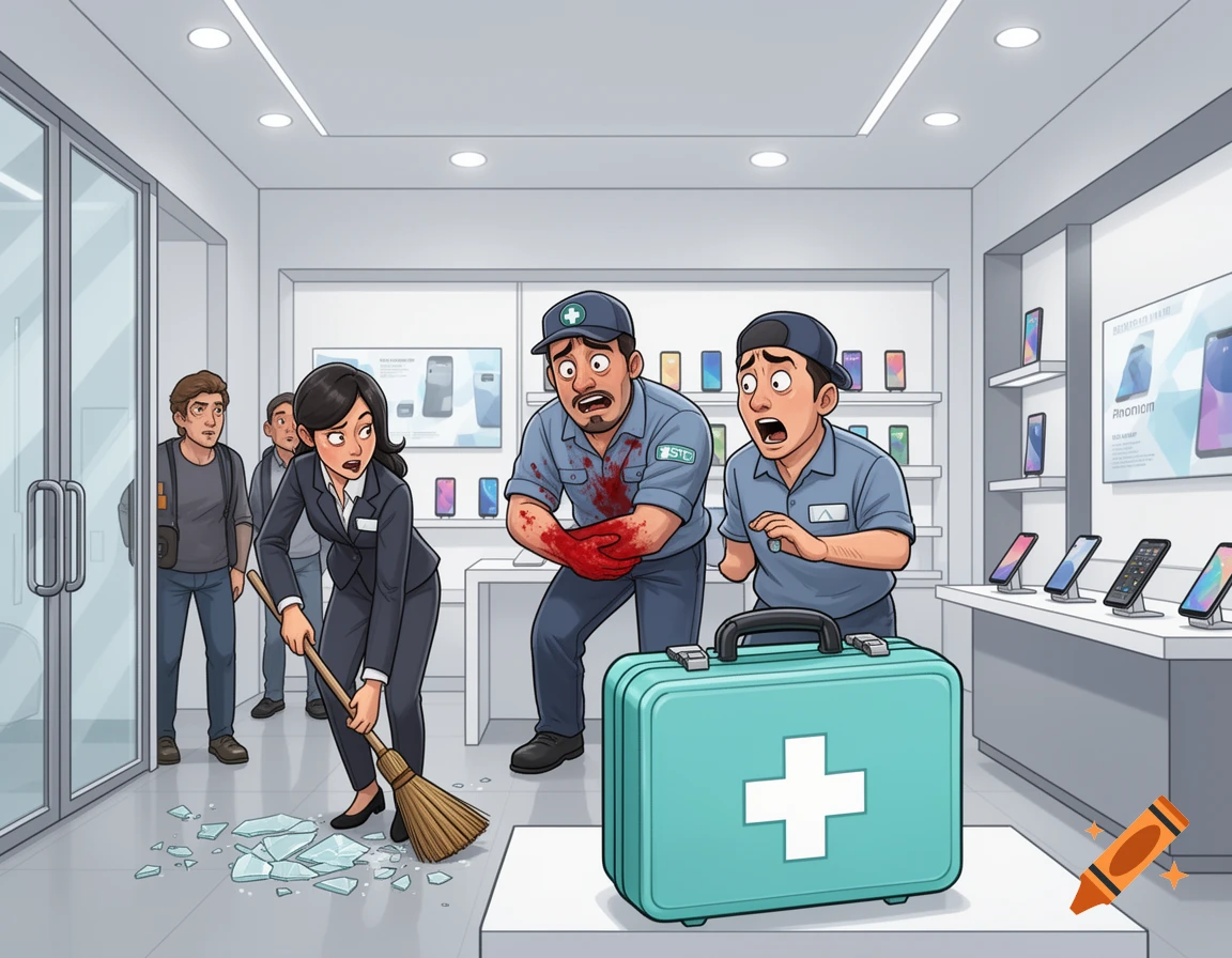 A cartoon phone store scene with a woman sweeping broken glass. Two male employees are visibly distressed, one bleeding heavily from the arm, while a first aid kit is in the foreground.